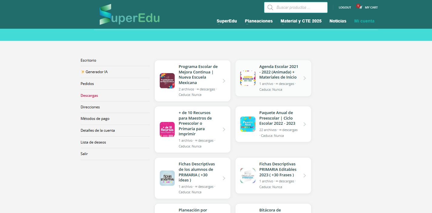 Sección de Descargas en Mi Cuenta de SuperEdu