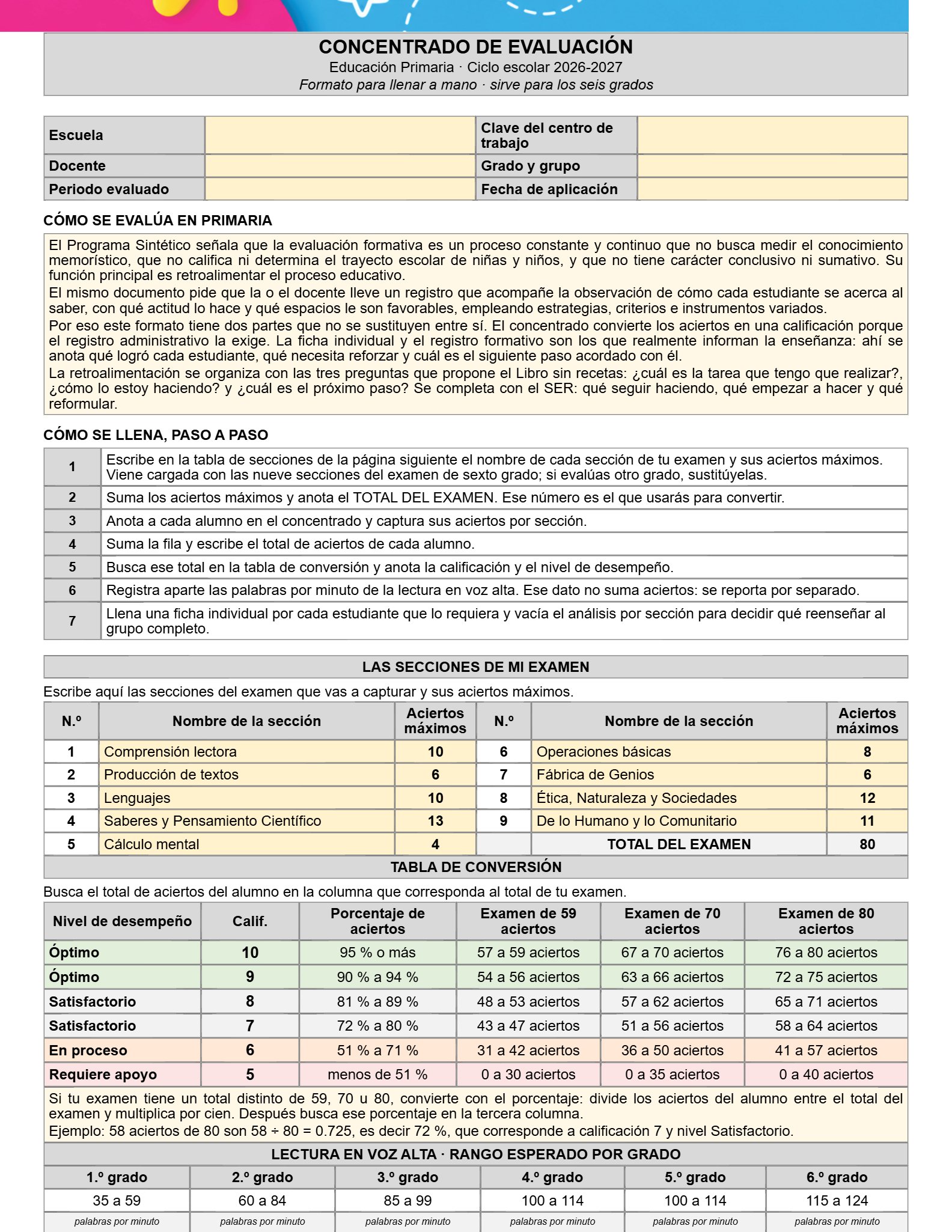 Ejemplo Concentrador de evaluación 1° Primaria