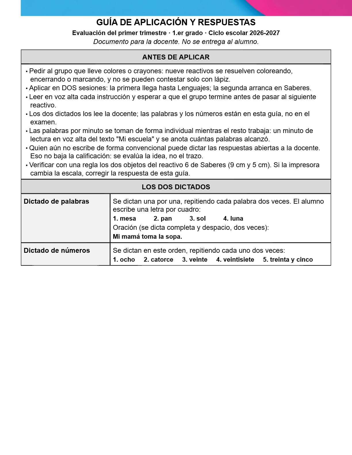 Ejemplo Guía de aplicación y respuestas 1° Primaria Trimestre I
