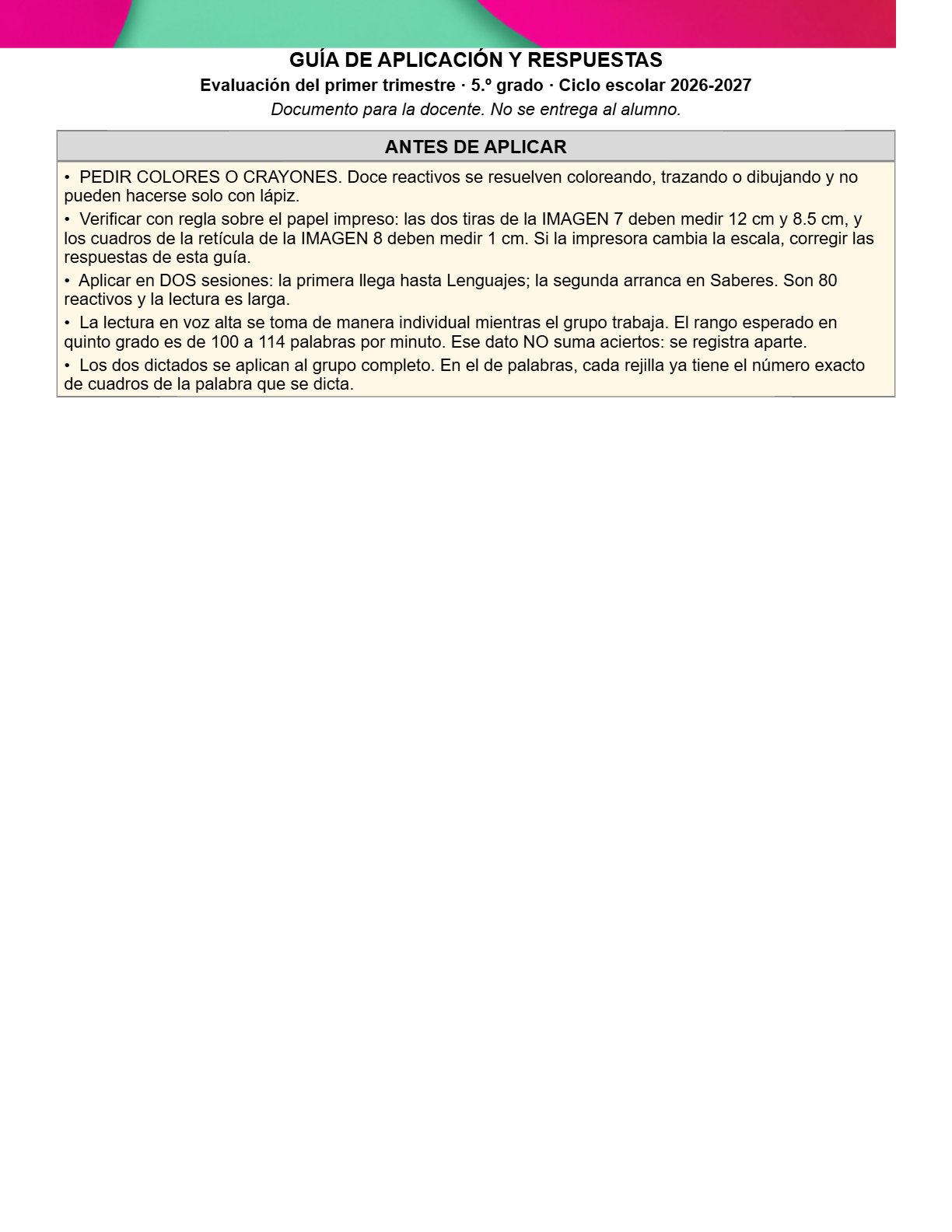 Ejemplo Guía de aplicación y respuestas 5° Primaria Trimestre I
