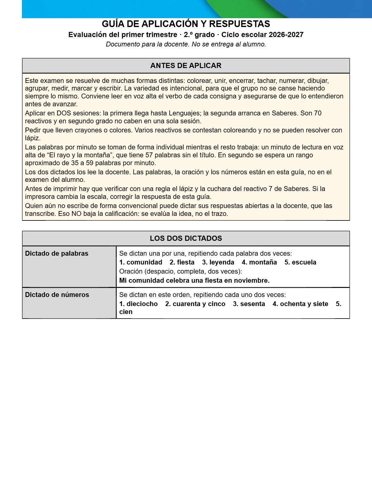 Ejemplo Guía de aplicación y respuestas 2° Primaria Trimestre I