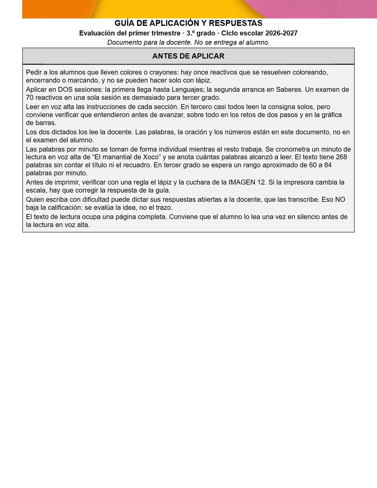 Ejemplo Guía de aplicación y respuestas 3° Primaria Trimestre I